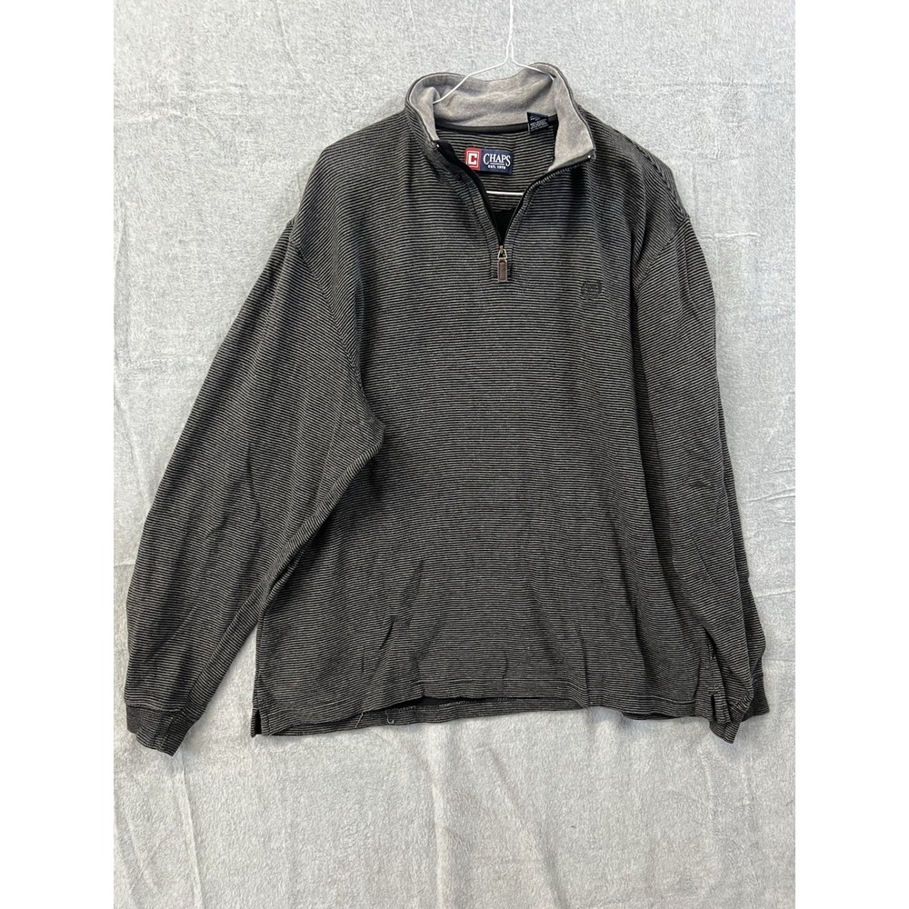 Chaps Mens XL Quarter Zip Pullover Sweater Black Grey Striped Waffle Knit Cotton